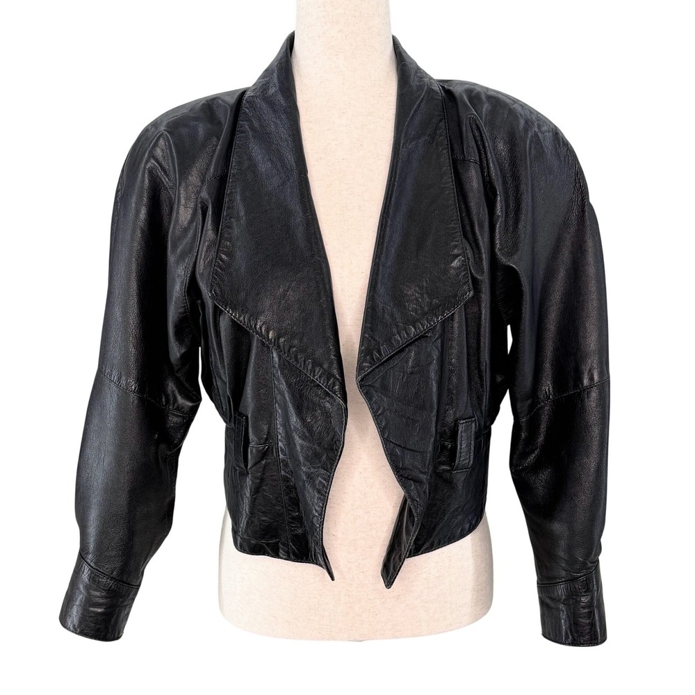 Philip Noel Cropped Black Leather Jacket Shoulder Pads Womens Small Vintage 80s